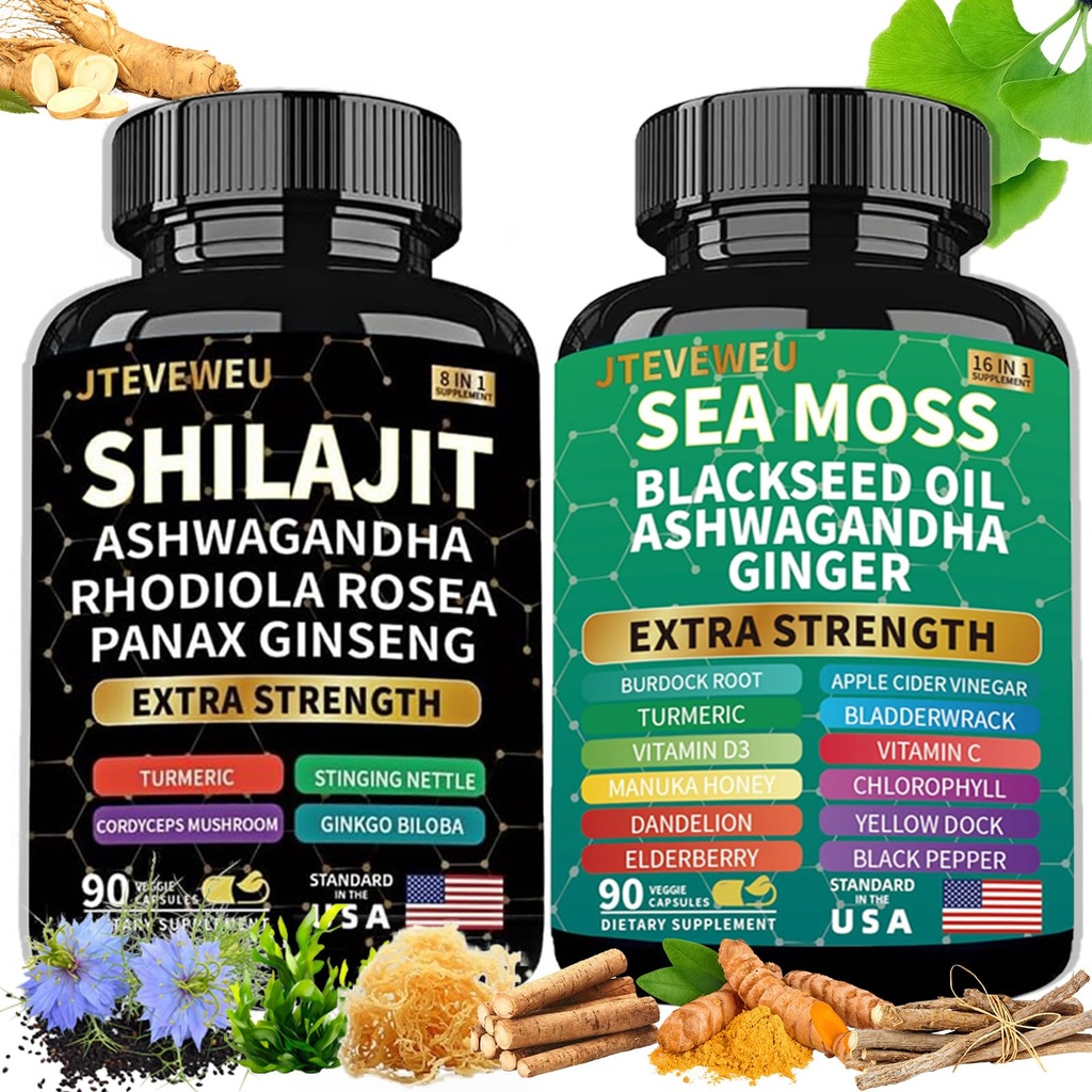 Shilajit and Sea Moss Ashwagandha Combo Bundle- Sea Moss, Black Seed Oil, Ashwagandha, Ginger & Shilajit, Rhodiola Rosea, All in 1 Supplements （180 Capsules）