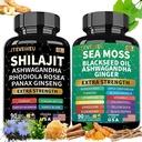 Shilajit and Sea Moss Ashwagandha Combo Bundle- Sea Moss, Black Seed Oil, Ashwagandha, Ginger & Shilajit, Rhodiola Rosea, All in 1 Supplements （180 Capsules）