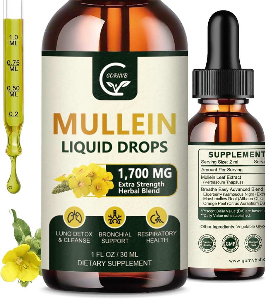 (2 Pack) Mullein Drops for Lungs - Πνεύμονα Καθαρίστε και αναπνευστική υποστήριξη, Ισχυρό 4 σε 1 Mullein Leaf Extract με Elderberry, Marshmallow Root και πορτοκαλί Peel για Bronchial Υποστήριξη, 1 Fl Oz