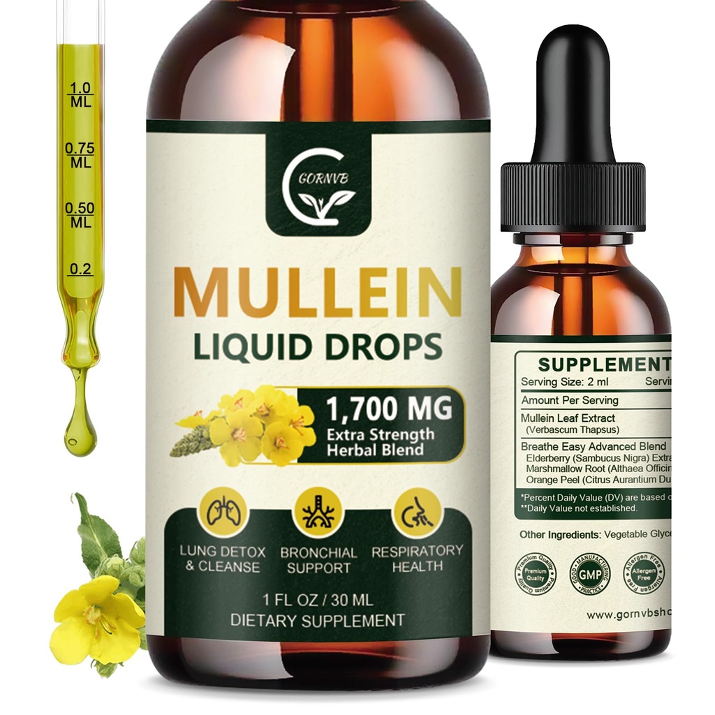 (2 Pack) Mullein Drops for Lungs - Πνεύμονα Καθαρίστε και αναπνευστική υποστήριξη, Ισχυρό 4 σε 1 Mullein Leaf Extract με Elderberry, Marshmallow Root και πορτοκαλί Peel για Bronchial Υποστήριξη, 1 Fl Oz