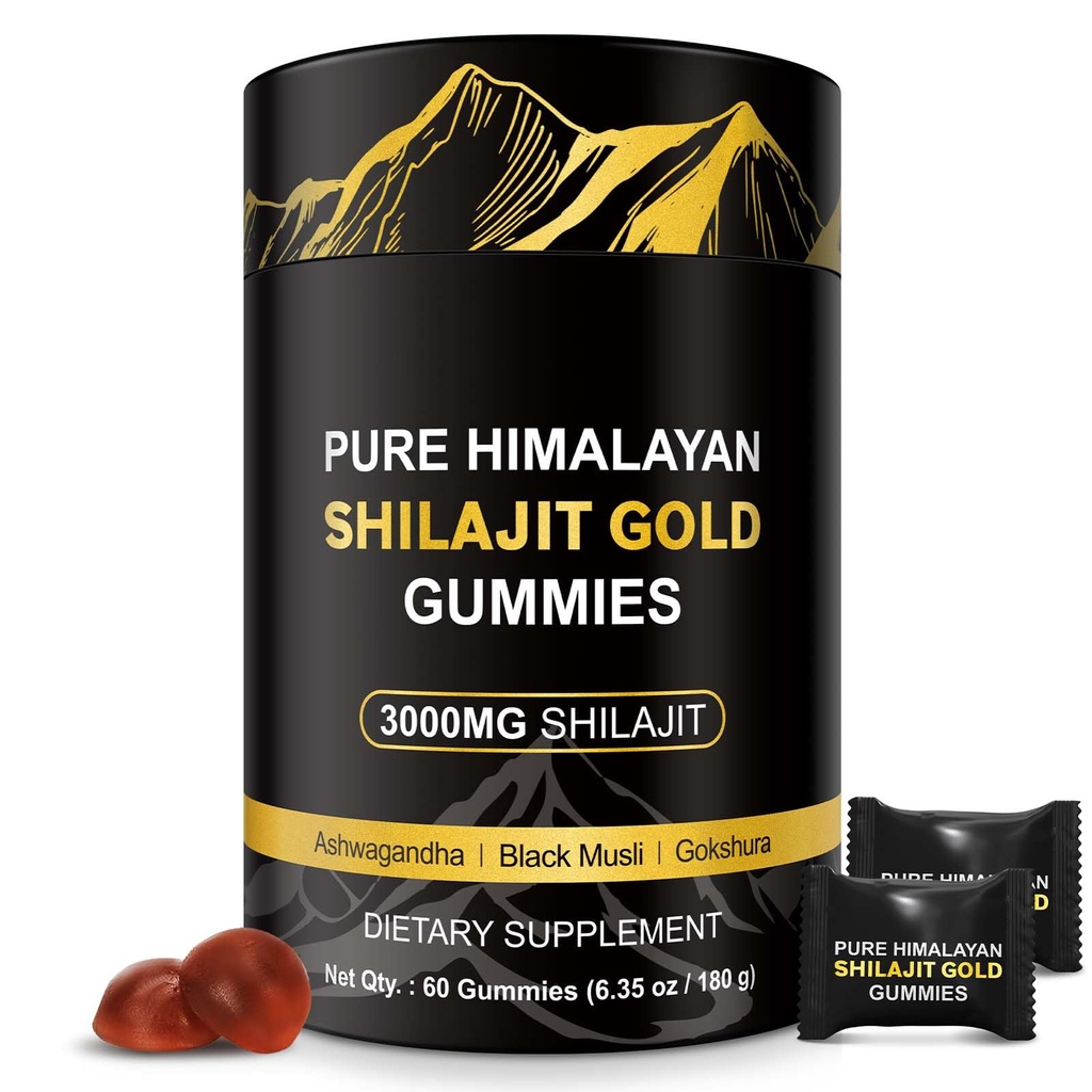 Shilajit Gummies, 3000mg Himalayan Shilajit Gold Gummies with Ashwagandha,Black Musli, Gokshura for Men & Women, Non-GMO & Gelatin Free, 60-Count