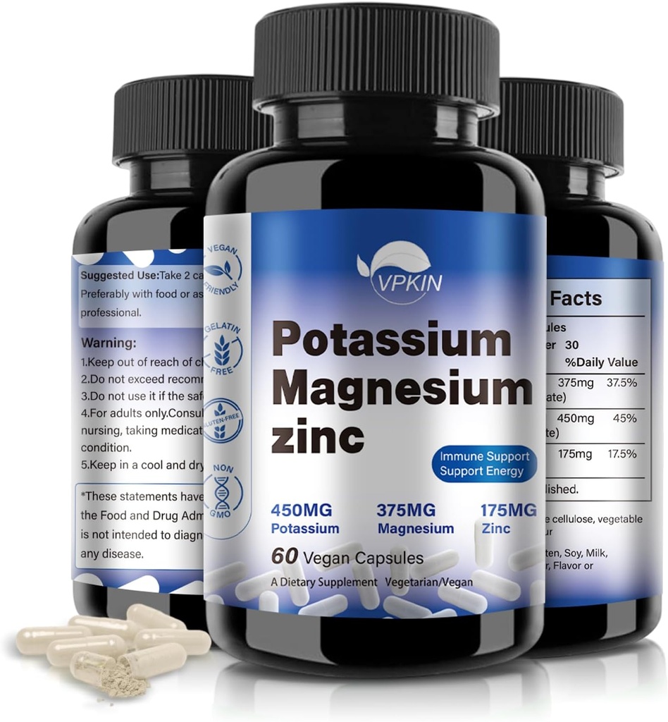 Potassium Magnesium Supplement 1000mg,Magnesium Potassium Zinc for Leg Cramps,High Absorption Magnesium Complex,Vegan (60 Capsules)