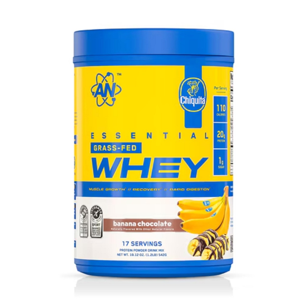 an Supps Essential Grass Fed Whey Protein Powder | 20g Protein, 500mg Potassium, 1g Sugar | Recovery, Muscle Growth, Rapid Digestion | Gluten Free | 17 Servings | Chiquita Banana Chocolate