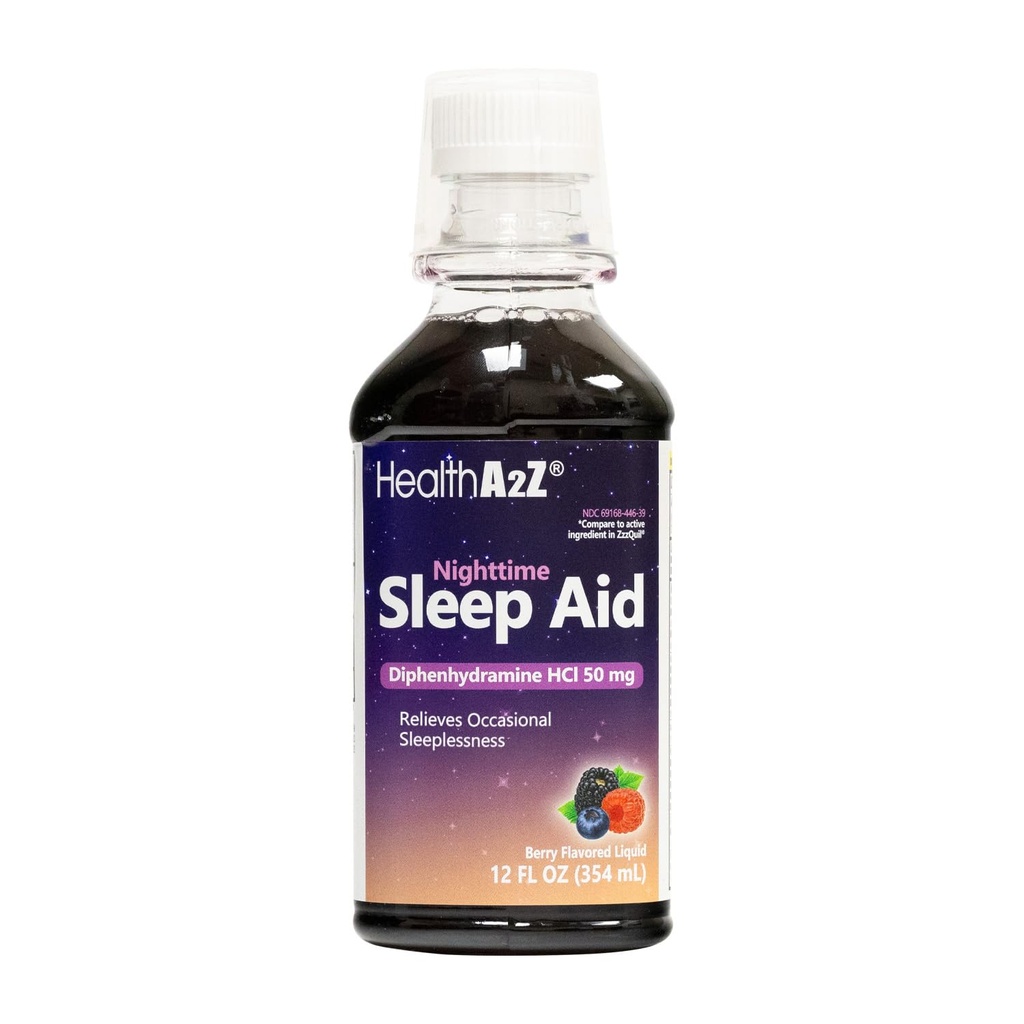 HealthA2Z® Nighttime Sleep Aid, Diphenhydramine HCl 50mg, Berry Flavor Liquid, Fast Acting, No Pain Reliever, 12 Fl Oz