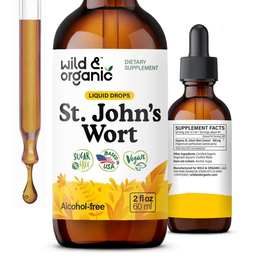 Wild & Organic St Johns Wort Tincture - Mood Support - Relaxing St. John's Wort Supplement - Υγρό Hypericum Perforatum Herb Drops - Vegan, Sugar & Alcohol-Free - 2 fl oz