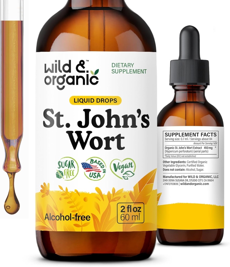 Wild & Organic St Johns Wort Tincture - Mood Support - Relaxing St. John's Wort Supplement - Υγρό Hypericum Perforatum Herb Drops - Vegan, Sugar & Alcohol-Free - 2 fl oz