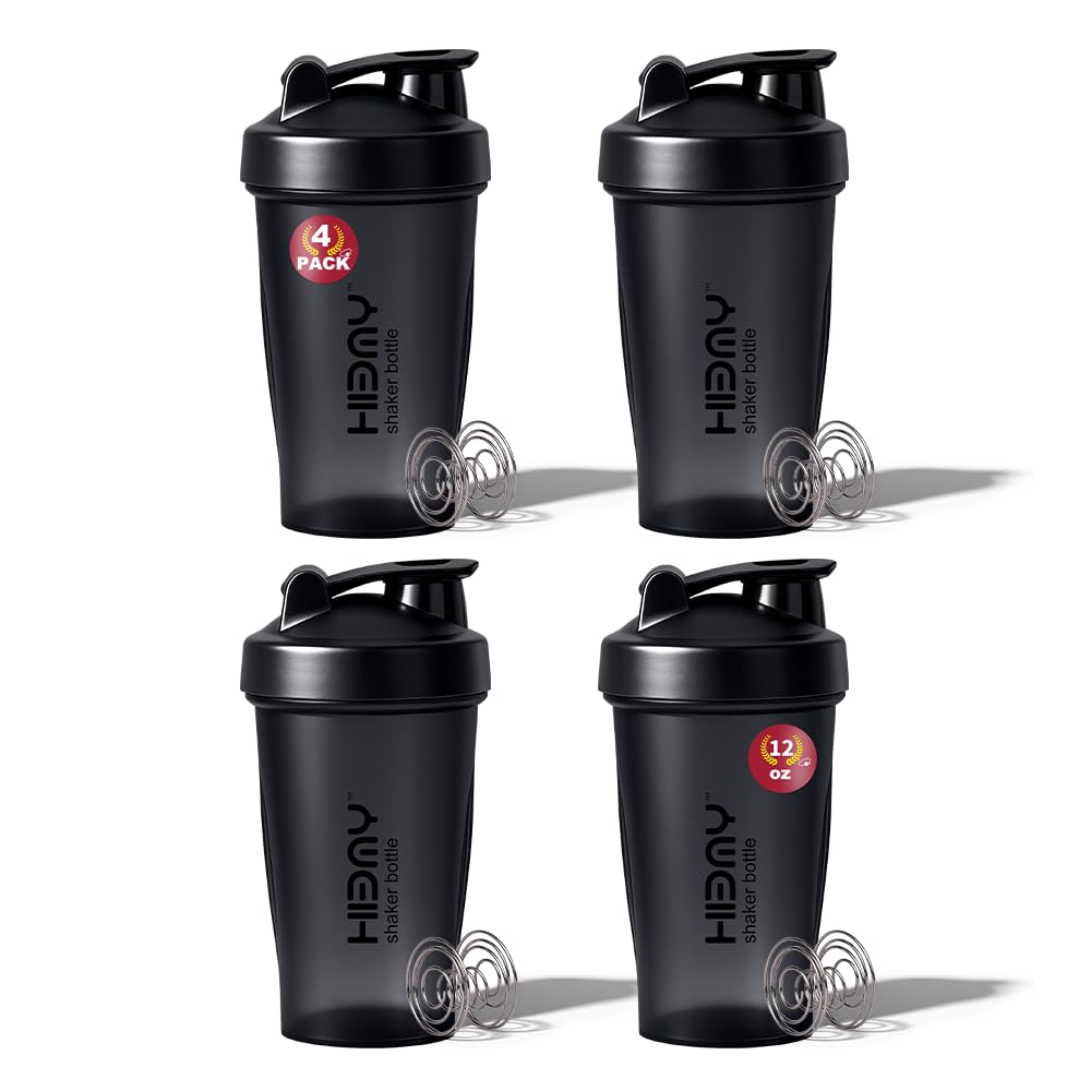 [ 4 Pack 400 ml | 12 oz Protein Shaker Bottles for Protein Mixes, 4 x Whisk Ball | Shaker Cups for Protein Shakes | BPA Free, 100% Leak Proof | Protein Shake Bottle (B) FOUR BLACK