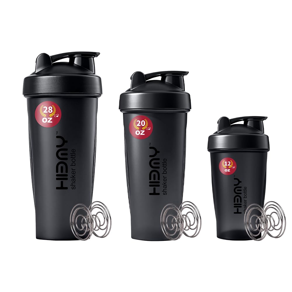 3-Pack [ 12oz / 20oz / 28oz ] Protein Shaker Bottles for Protein Mixes, 3 x Whisk Ball | Shaker Cups for Protein Shakes | BPA Free, 100% Leak Proof | Protein Shake Bottle (A) Three Black