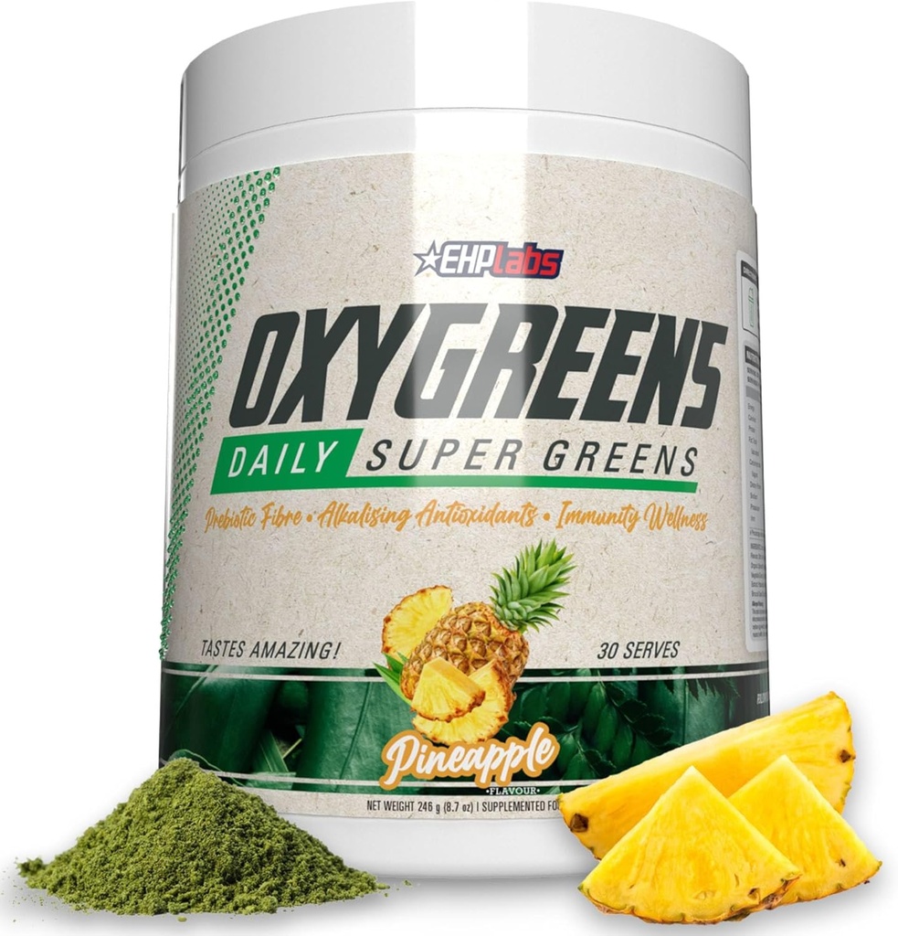 EHP Labs OxyGreens Super Greens Powder - Spirulina & Chlorella Superfood, Green Juice Powder & Greens Συμπληρώματα με Προβιοτικές Ίνες, Αντιοξειδωτικά & Υποστήριξη Ανοσίας, 30 Serves (Pineapple)