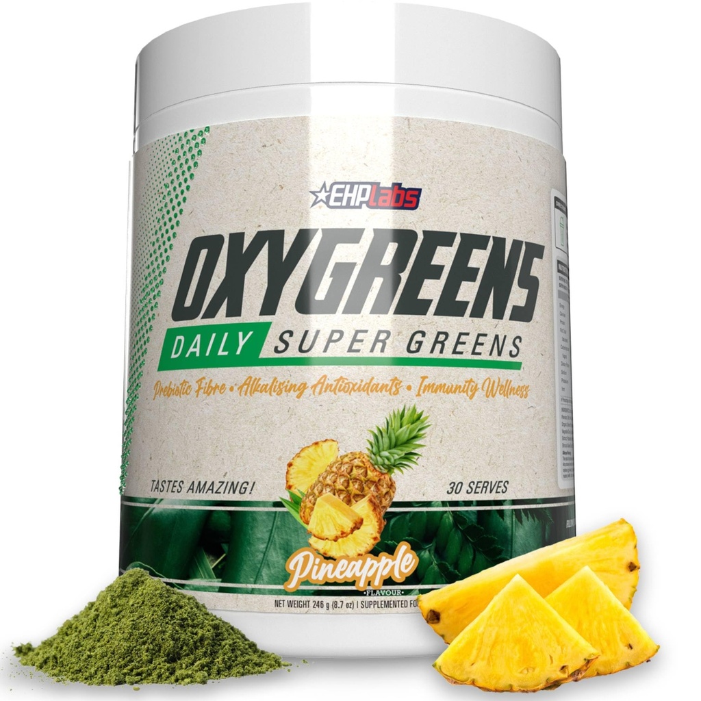 EHP Labs OxyGreens Super Greens Powder - Spirulina & Chlorella Superfood, Green Juice Powder & Greens Συμπληρώματα με Προβιοτικές Ίνες, Αντιοξειδωτικά & Υποστήριξη Ανοσίας, 30 Serves (Pineapple)