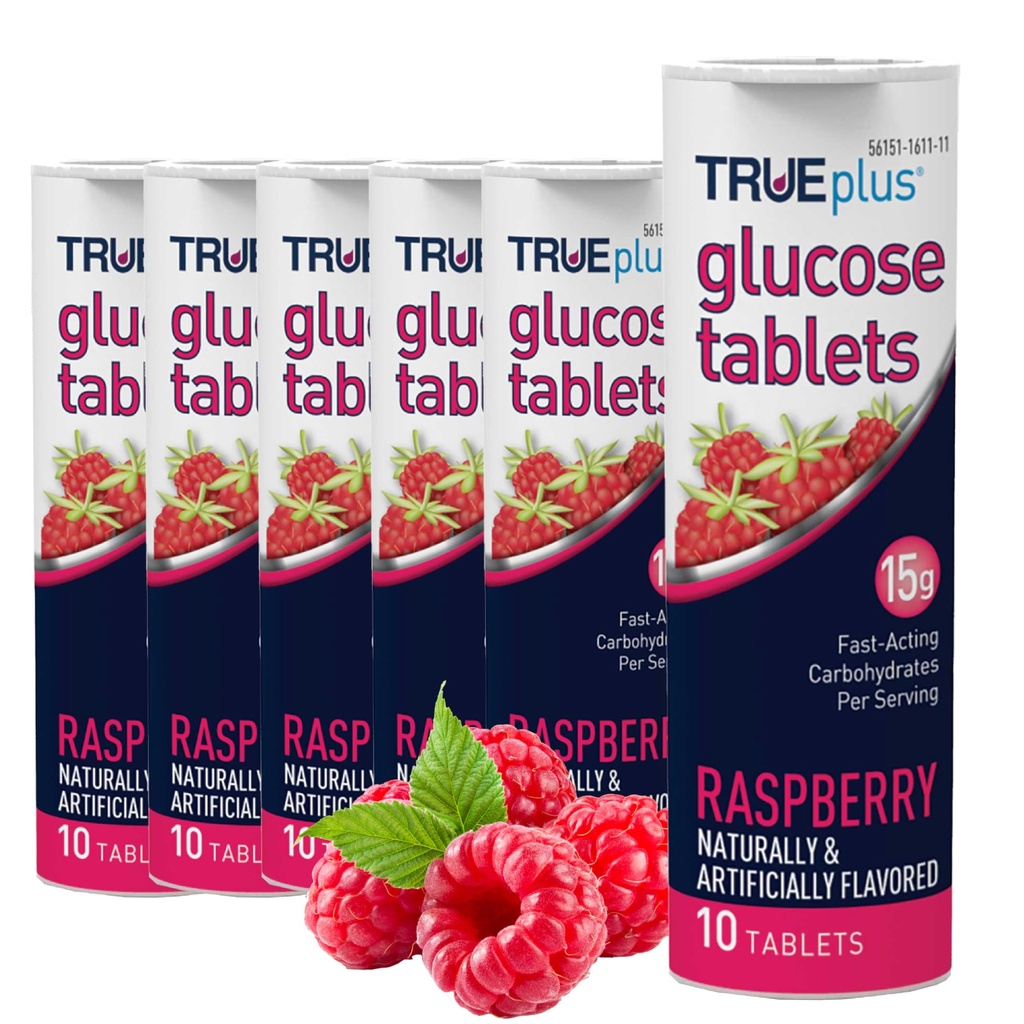 TRUEplus Glucose Tablets, Chewable, Raspberry Flavor, 15g Fast-Acting Carbohydrates, Fat Free, Gluten Free, Boost Energy, 10 Count, 6 Tubes