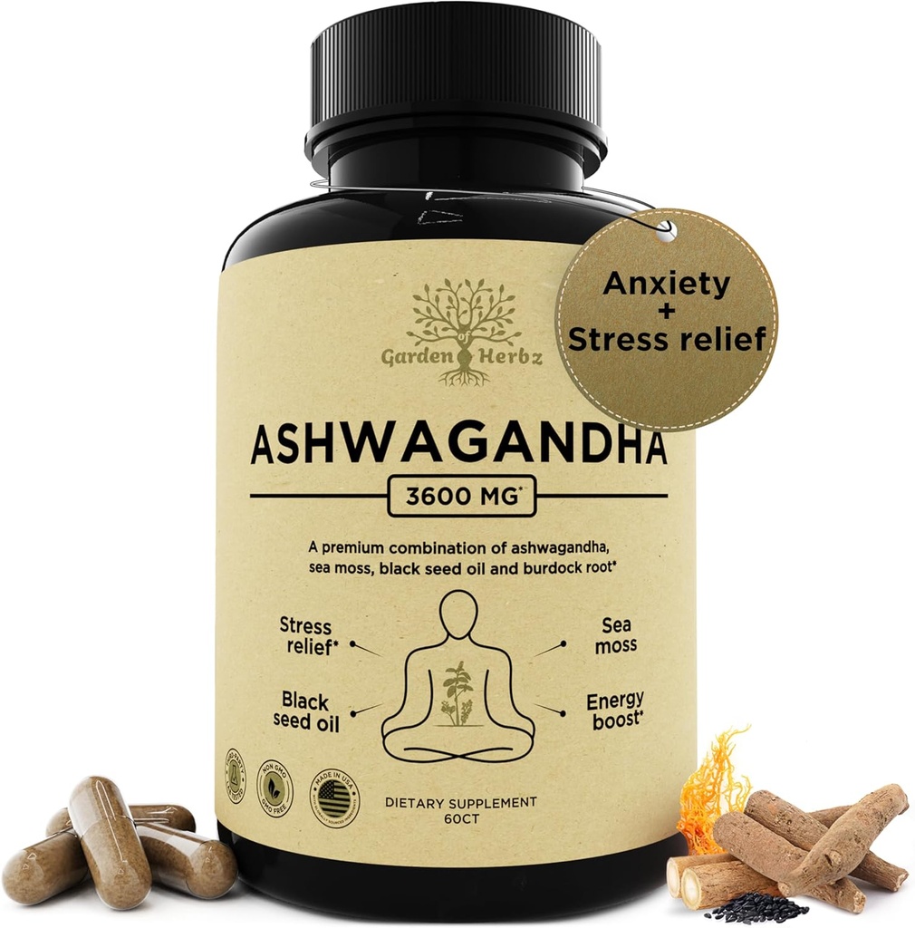 Organic Ashwagandha Root & Irish Sea Moss – 3.600 mg Ashwagandha συμπλήρωμα με μαύρο σπορέλαιο, & Burdock Root – φυτικό συμπλήρωμα για την ενέργεια, το στρες ανακούφιση, επιπλέον δύναμη, 60 Caps