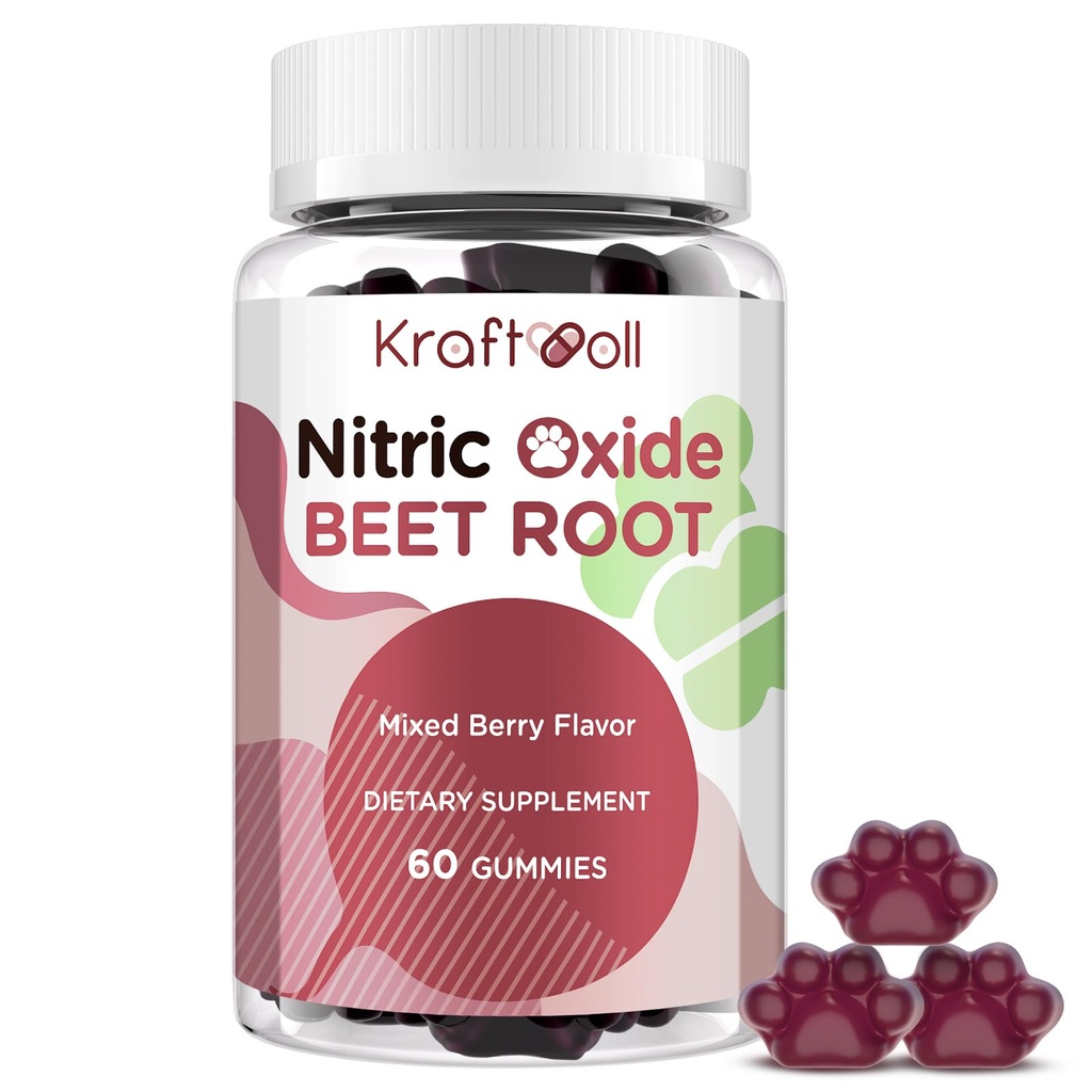 Nitric Oxide Beet Root Gummies with Grapeseed Powder, Pomegranate Powder, Vitamin C & B12 – Sugar-Free, Mixed Berry Flavor – 60 Gummies