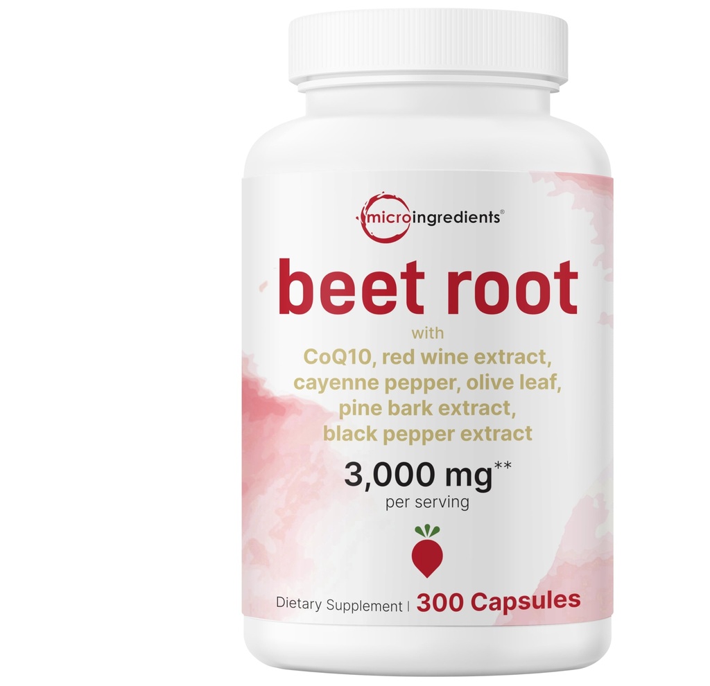 Micro Ingredients Beet Root Capsules 3,000 mg** Per Serving, 300 Capsules | Nitric Oxide Supplement | 7‑in‑1 Beet Root Complex with CoQ10, Black Pepper & Botanical Extracts | Non-GMO