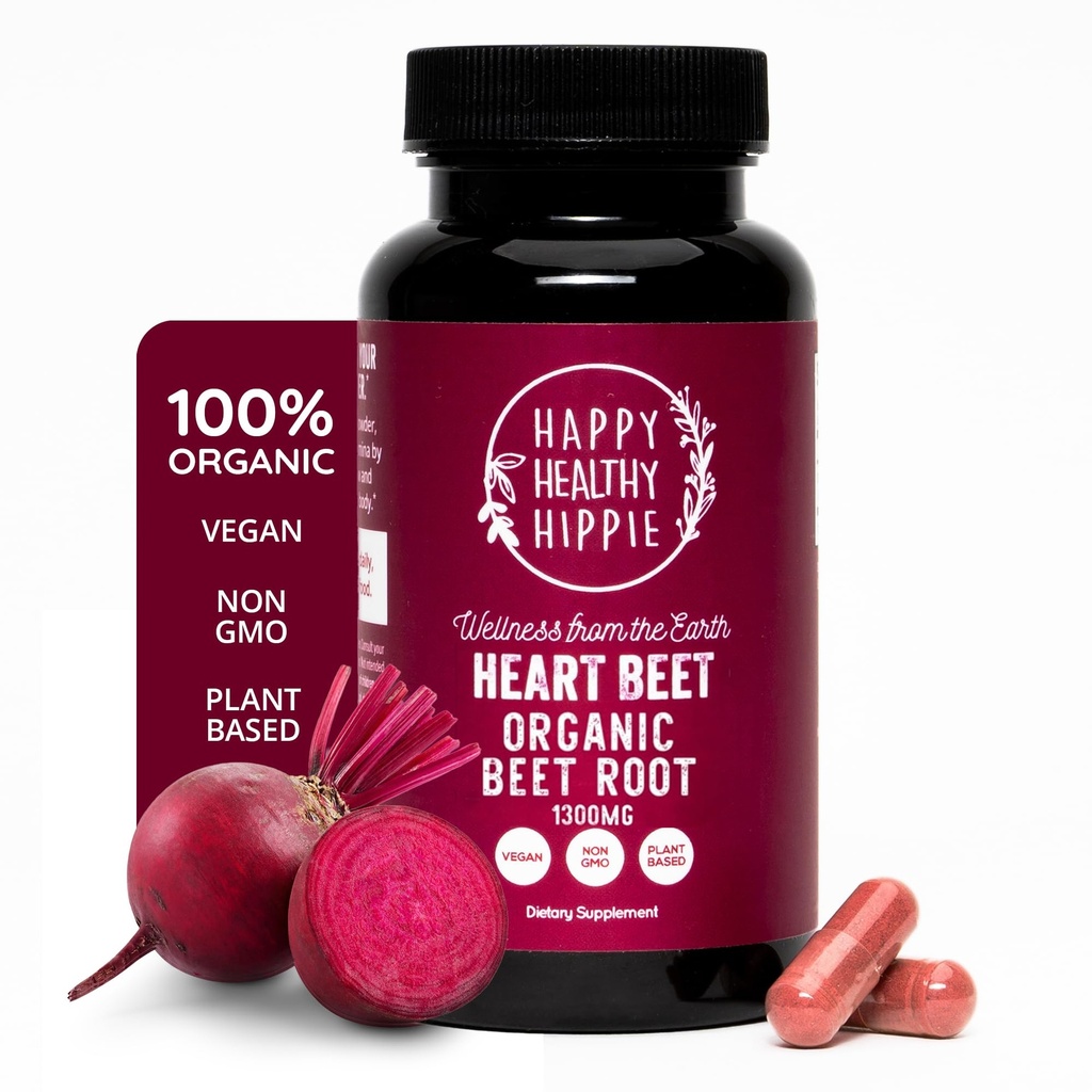 Organic Beet Root Capsules 1,300mg - Nitric Oxide Supplement for Blood Pressure + Circulation Support - Beetroot Powder Superfood - Antioxidant, Natural Energy - Vegan, Non-GMO - 60 Ct