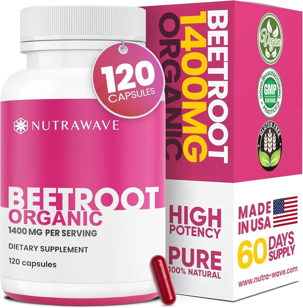 Nutra Wave 1400mg Organic Beet Root Capsules Per Serving – Nitric Oxide Booster for Men – Supports Blood Pressure, Energy, Circulation & Heart Health – Non-GMO, Vegan – 120 Capsules / 60 Day Supply