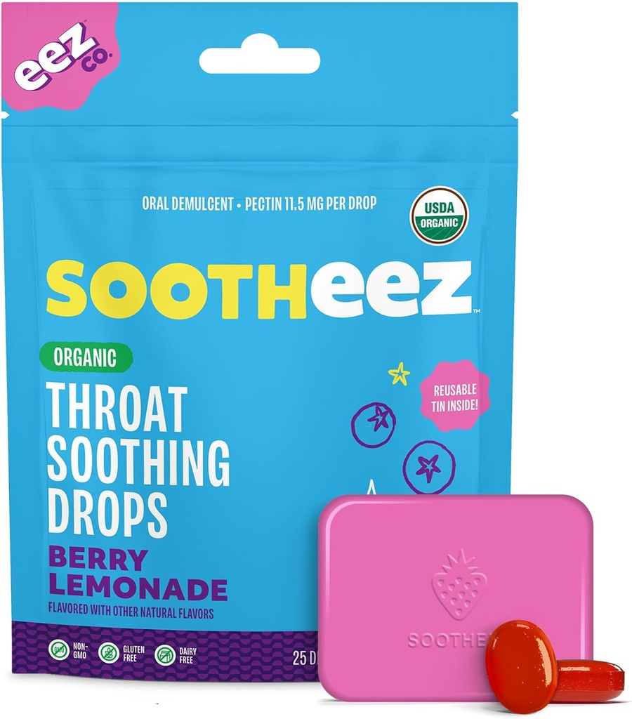 Sootheez Organic Lroat Sothing Drops for Adults, Berry Lemonade, 25 Count, Refillable, Great Tasting Drops that soth Sore Throats