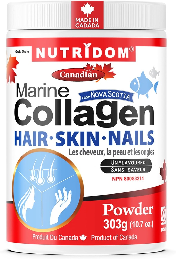 Nutridom Hydrolyzed Marine Collagen Peptides σε σκόνη, Wild-Caught from Nova-Scotia, υποστηρίζει μαλλιά, δέρμα & νύχια, μη-GMO, χωρίς γλουτένη, σόγια & γαλακτοκομικά (303 g)
