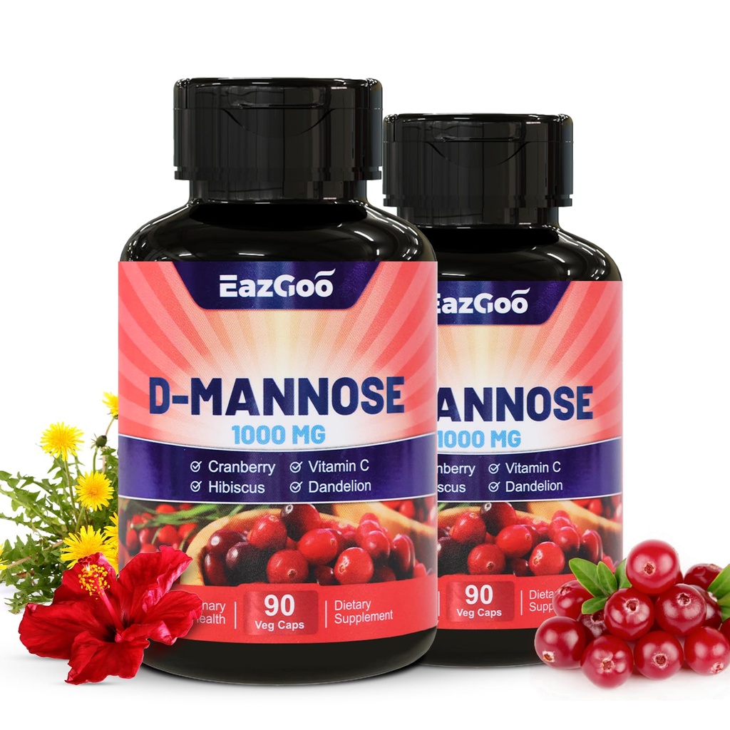 D-Mannose Supplement – 1000mg Capsules with Cranberry, Vitamin C, Hibiscus & Dandelion Extract, Support Urinary Health, D Mannose & Cranberry Capsules, 90 Count(Pack of 2)