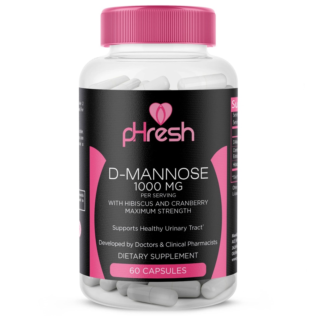 pHresh D-Mannose with Cranberry Capsules for Women and Men, Maximum Strength 1000 mg Per Serving - Supports: Urinary Tract Health - Made in The USA