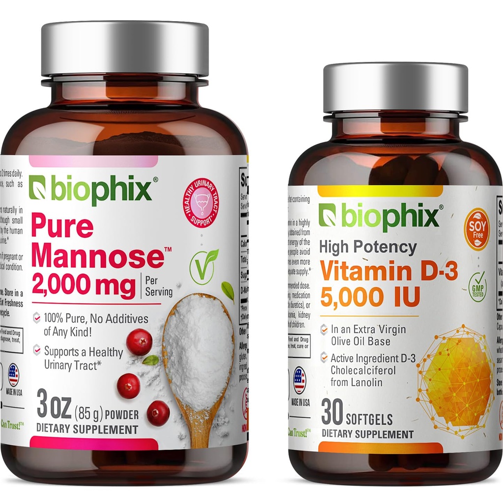 biophix Pure Mannose Powder 2000 mg 3 oz - Free Vitamin D-3 5000 IU 30 Softgels - Supports Urinary Bladder Tract Health
