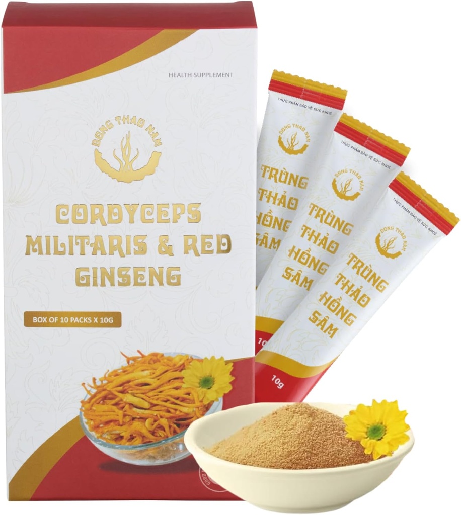 Dong Thao NAM - Βιολογικό κόκκινο Ginseng και Cordyceps σκόνη, 6 σε 1 εκχύλισμα βοτάνων, αυξάνει την εγρήγορση, αυξάνει την ενέργεια και μειώνει τη κόπωση, χωρίς καφεΐνη, πακέτο των 10