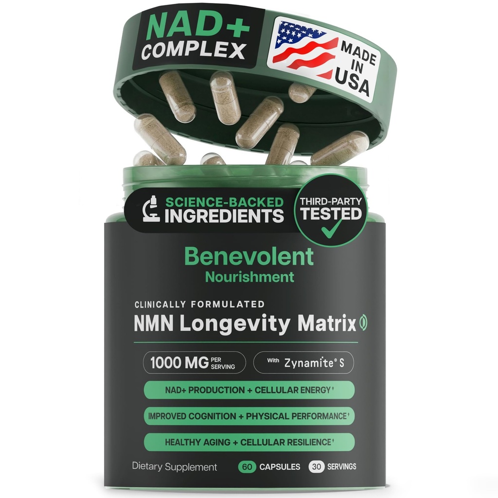 Benevolent Advanced NMN Supplement 1000mg (98% Purity) – 5-in-1 NMN Longevity Matrix with Zynamite® & PQQ for Increased NAD+ Levels, Cellular Energy, Cognitive & Healthy Aging – 60 Vegan Capsules