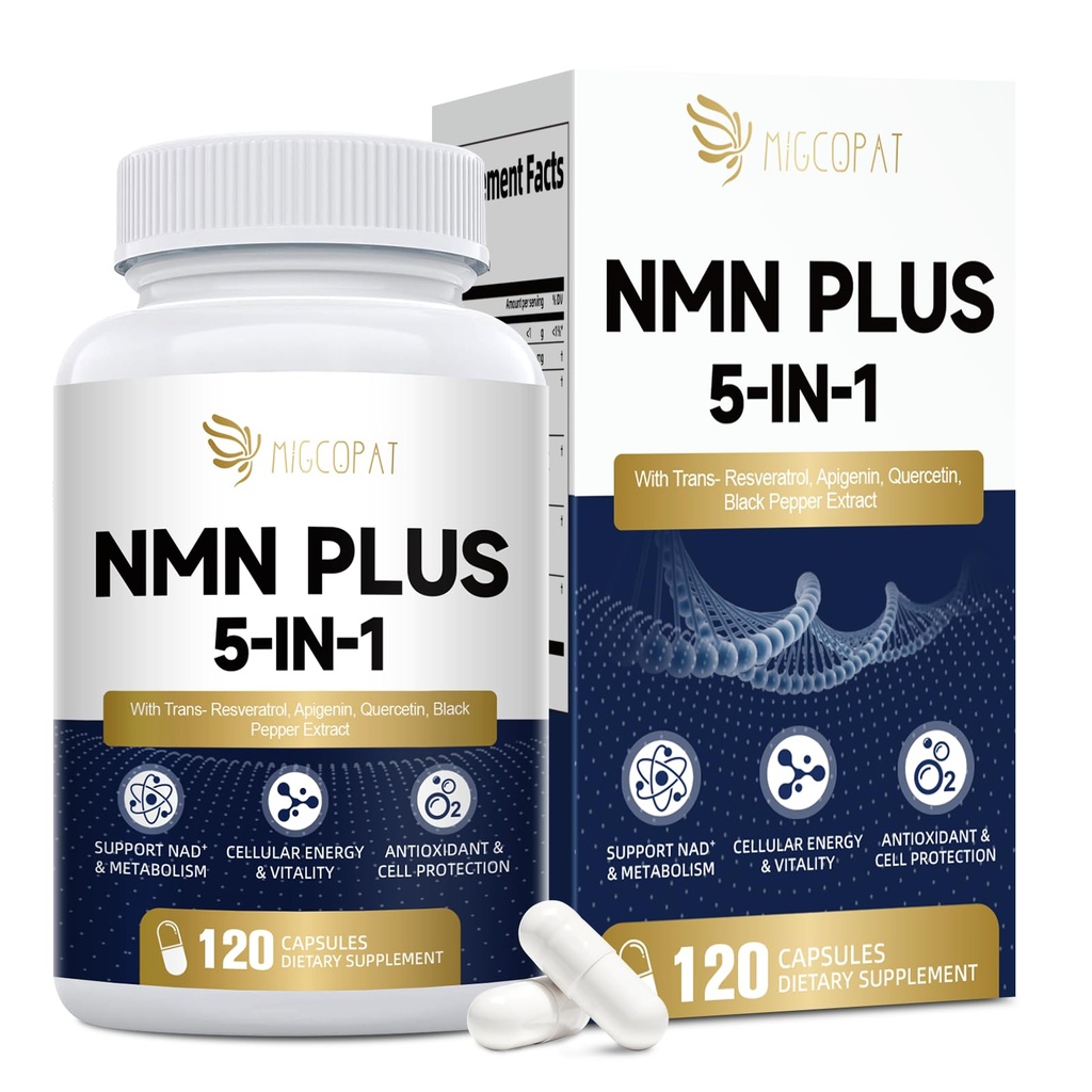 Migcopat NMN Supplement 1000mg – NMNH Alternative 5-in-1 NAD Supplement w/Resveratrol, Apigenin, Quercetin & Black Pepper – Supports Cellular Energy, Healthy Aging & Longevity – 120 Veggie Capsules