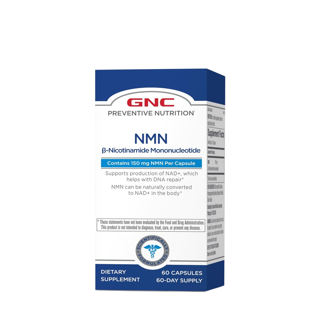 GNC Preventive Nutrition NMN, 150 mg, NAD+ Booster Supplement for Cellular Energy & DNA Repair, Anti-Aging Support, 60 Capsules, Gluten Free, 60 Servings