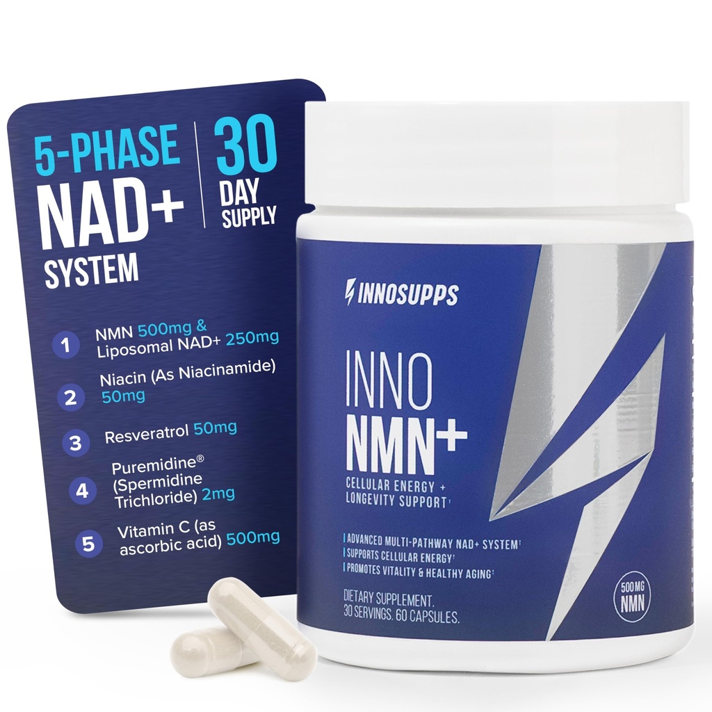 InnoSupps Inno NMN+ Supplement 500mg NAD Booster for Brain Function, Anti Aging & Cell Regeneration, Supports Cellular Energy, Muscle & Heart Health, w/Resveratrol, Niacin, & Vitamin C - 30 Servings