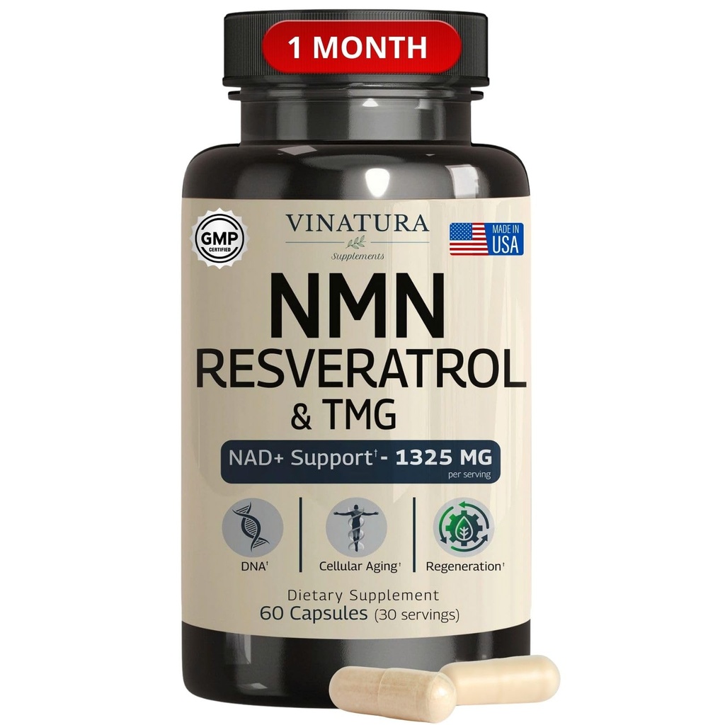 VINATURA NMN Complex Supplement 1325MG - NMN 1000mg with Resveratrol and TMG, Support NAD+, 60 Capsules