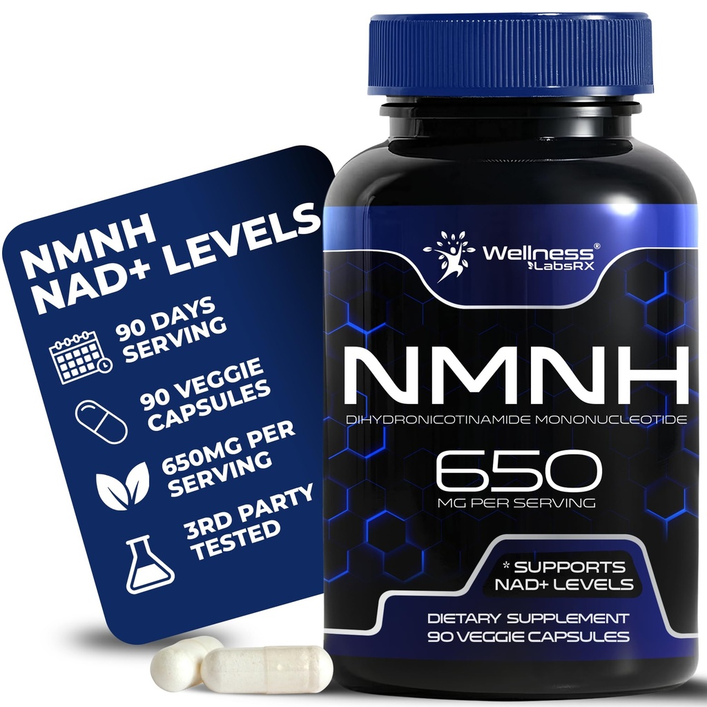 NMNH Supplements - Di-Hydro Nicotinamide Mononucleotide NMNH Capsules, Fast Absorption Ultra Strength NMN Supplement, NAD+ for Cellular Energy & Anti Aging, 650mg - Non-GMO, Gluten Free - 90 Capsules