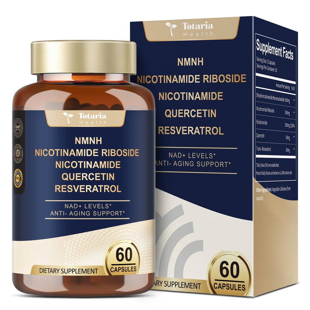 Totaria NMNH 500mg (Dihydronicotinamide Mononucleotide), Premium NMN Alternative Supplement w/Niacinamide (Vitamin B3), Quercetin, Trans-Resveratrol, 60 Ct