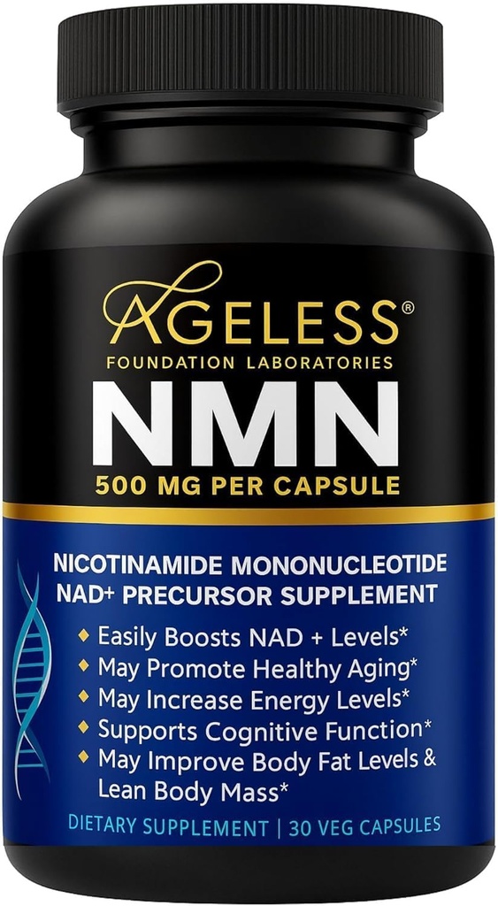 Ageless NMN 500mg | Healthy Aging Supplement for Women & Men | 30 Caps | Boosts NAD+ Levels, Cellular Energy Support, Healthy Aging, Daily Vitality, Premium NMN Nicotinamide Mononucleotide Formula