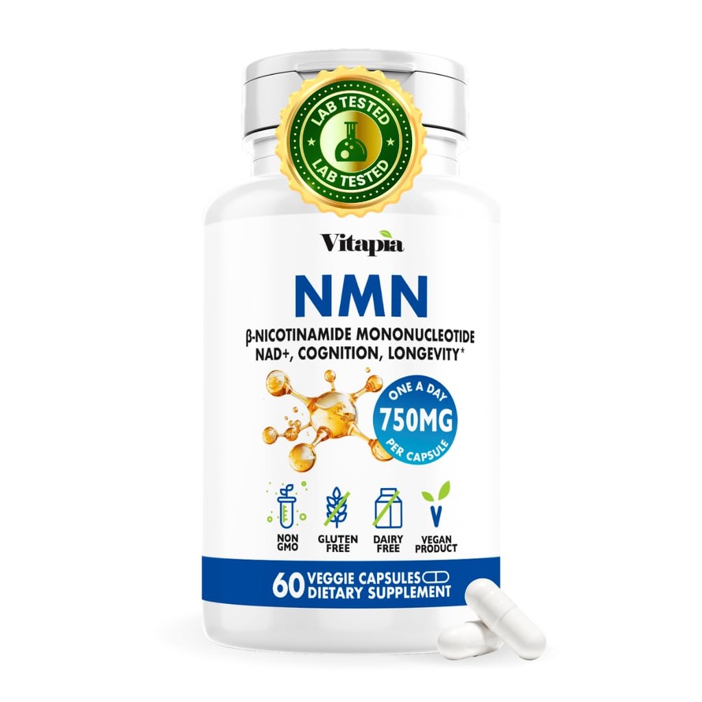 NMN 750mg Per Capsule - 99% Pure Nicotinamide Mononucleotide - Increased NAD+, Mitochondrial Function, Healthy Aging, Brain Health & Energy Support - 60 Capsules, Non GMO, Gluten Free Supplement
