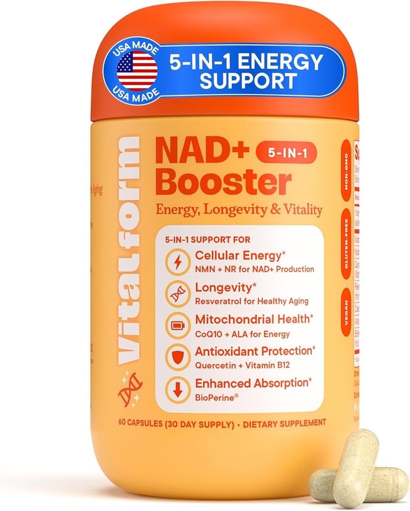NAD+ Supplement with NMN & Nicotinamide Riboside (NR) – Advanced Cellular Energy & Healthy Aging Complex – with Resveratrol, CoQ10, Quercetin & BioPerine – 60 Vegan Capsules