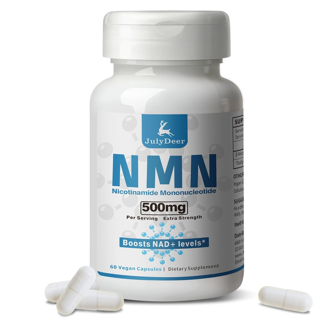JulyDeer NMN 500mg, Max Absorbency & Fast-Acting NMN Supplement, 99% Pure NMN (Nicotinamide Mononucleotide) for Boosts NAD+ Levels, Cell, Immune, Energy, Muscle, Anti-Aging, Longevity, Women & Men
