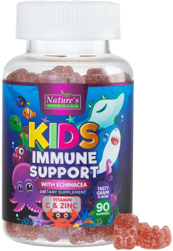 Παιδική Ανοσολογική Υποστήριξη Gummies - Καθημερινή Παιδική Βιταμίνες C, ψευδάργυρος & εχινάκεια - Gummy για τα παιδιά Υποστήριξη Ανοσίας, Ηλικίες 4 και πάνω, Φυσικό μούρο Γεύση, μη-GMO, Χωρίς γλουτένη & Vegan - 90 Gummies