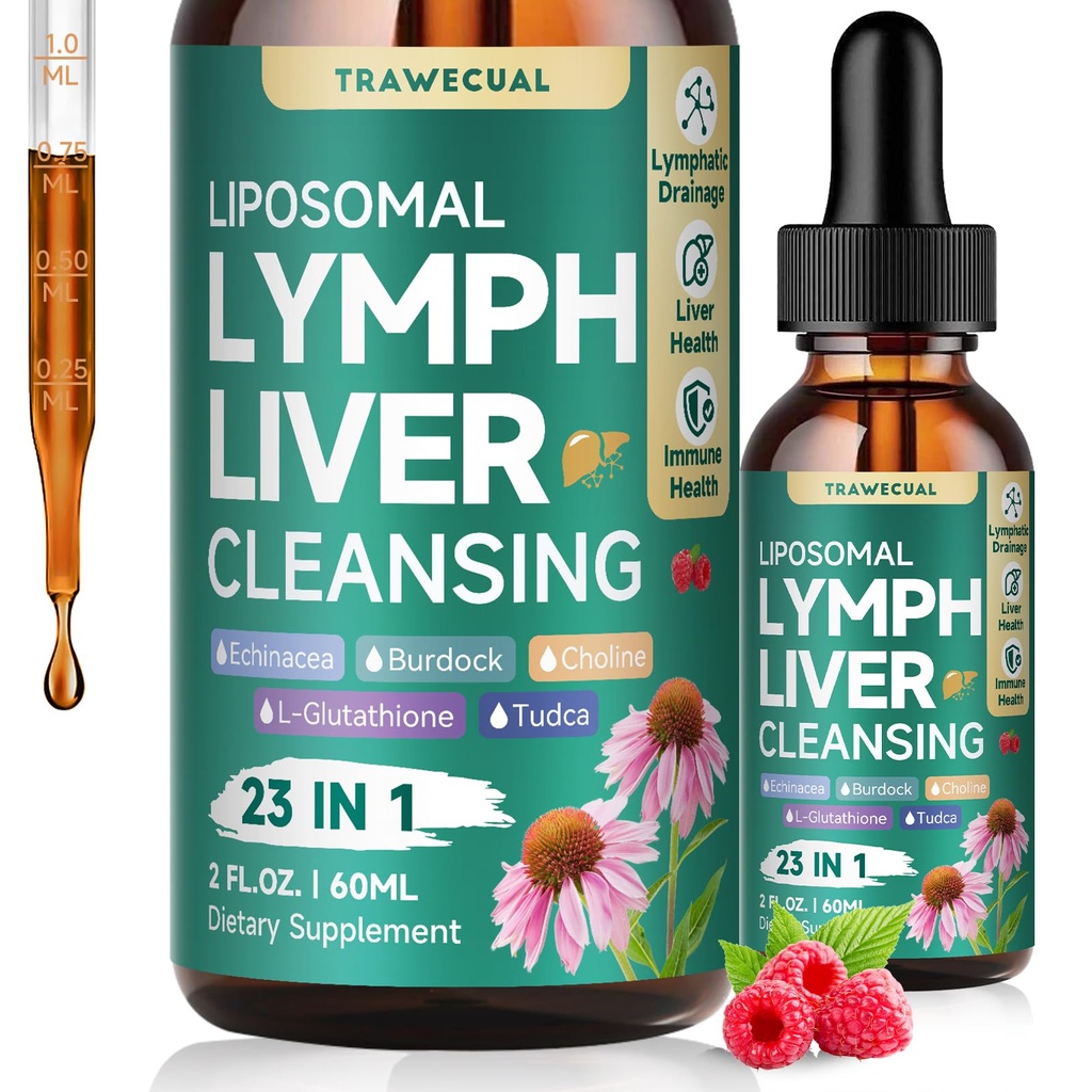 23-in-1 Liposomal Lymphatic Drainage Drops, Liver Cleanse Detox & Repair with Echinacea, TUDCA, Choline, L-Glutathione, Burdock for Lymphatic Support, Liver & Immune Health, 2 fl oz Supplement