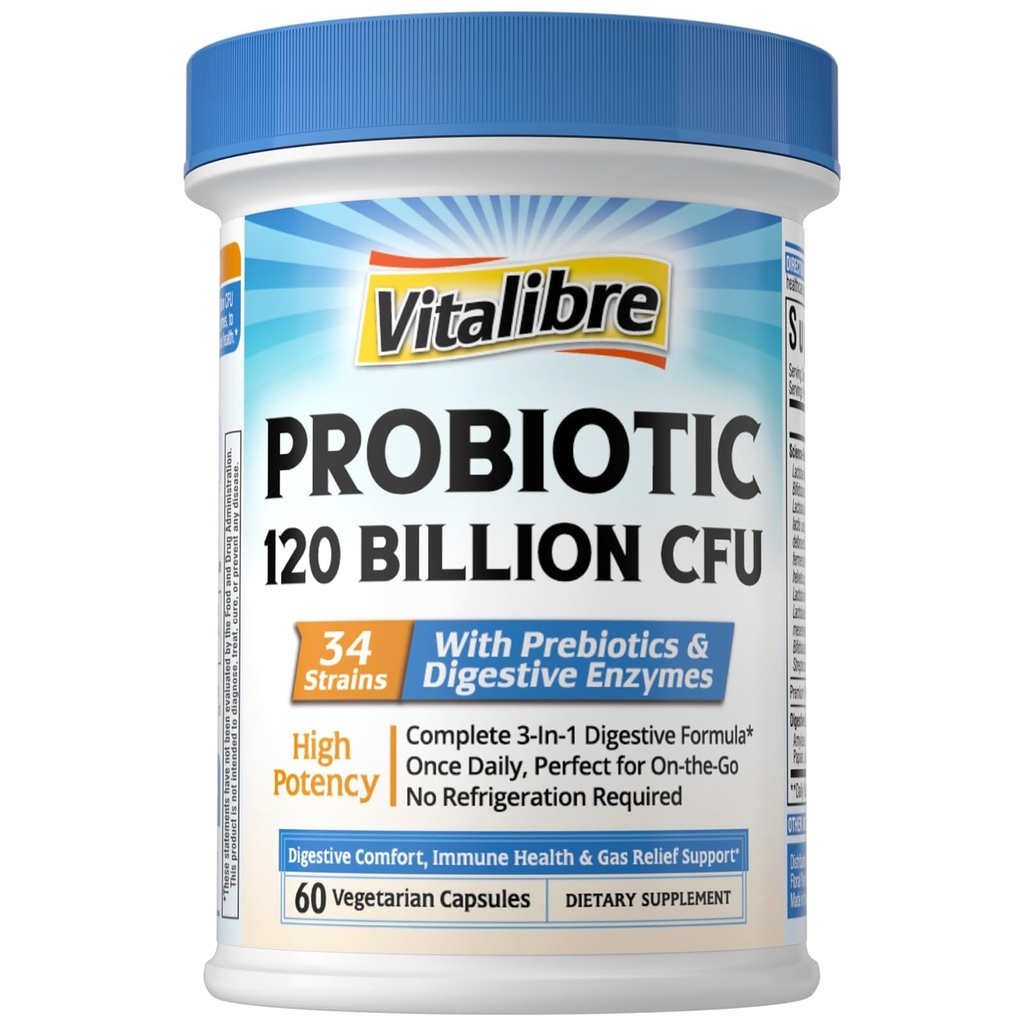 Vitalibre Probiotics for Women and Men, 120 Billion CFU 34 Strains, with Digestive Enzymes & Prebiotics, No Gluten, Gut Health, Digestive Health, Bloat Relief, 60 Veggie Caps