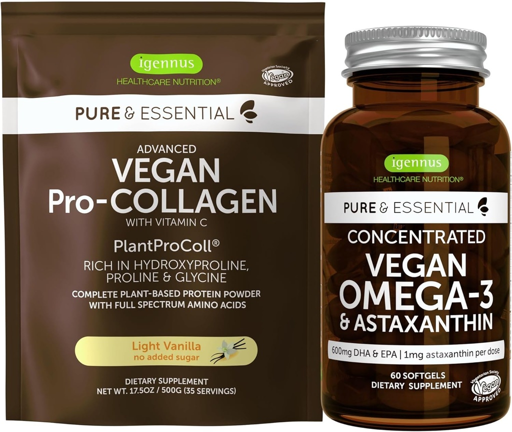 Vegan Vanilla Collagen Protein Powder & Vegan Omega-3 Bundle, Complete Collagen Booating Formula & Sustainable Algae Oil 1340mg, by Igenus