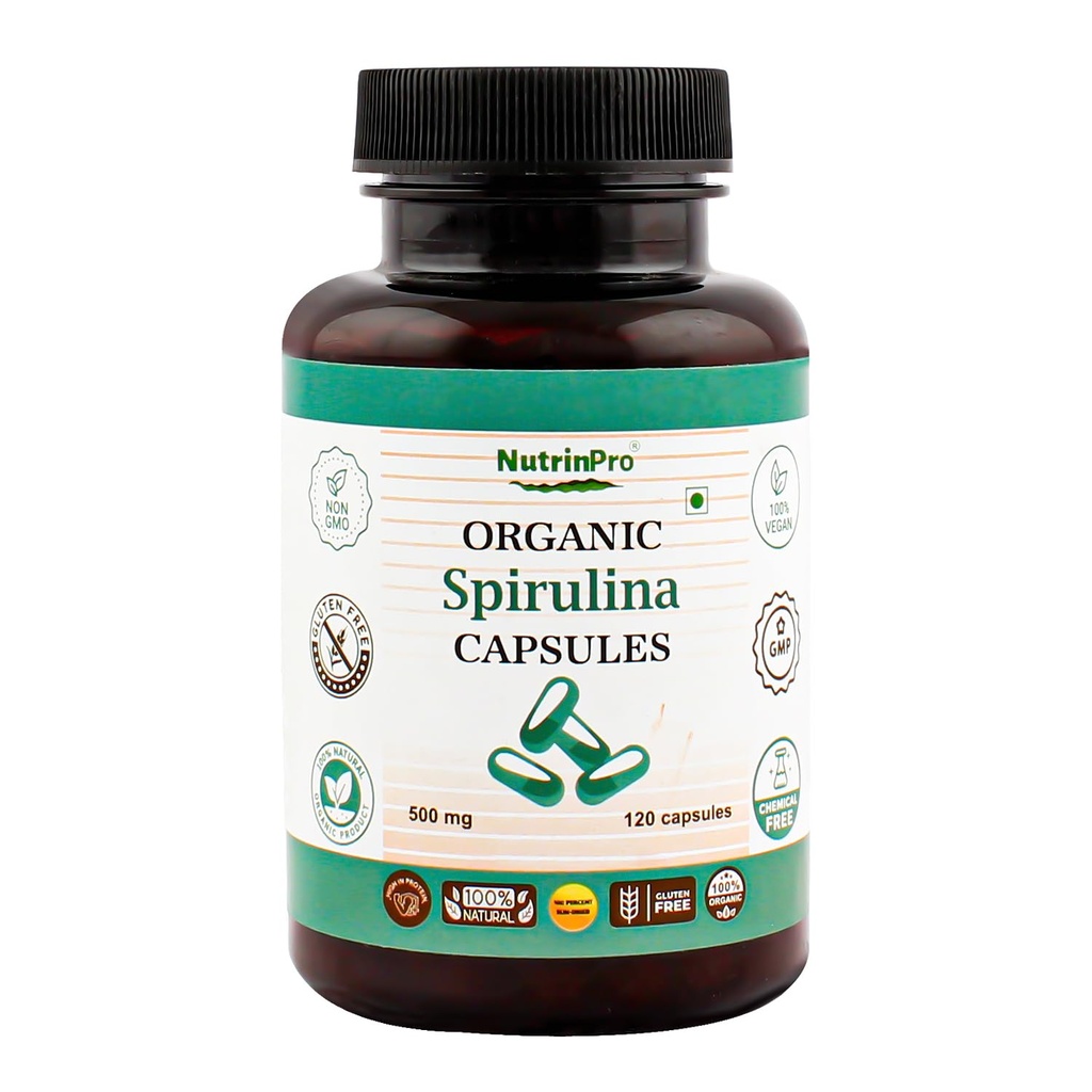 Κάψουλες Organic USDA Spirulina - 100% συμπλήρωμα καθαρής Vegan, μη ΓΤΟ, χωρίς γλουτένη, χωρίς χημικά, (120)