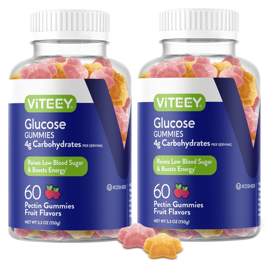Viteey Glucose Gummies - 4g υδατανθράκων - γρήγορης δράσης εναλλακτική λύση σε δισκία γλυκόζης - Ενέργεια και ζάχαρη αίματος Υποστήριξη - Vegan, Χωρίς γλουτένη, Χωρίς ζελατίνη - 120 Count