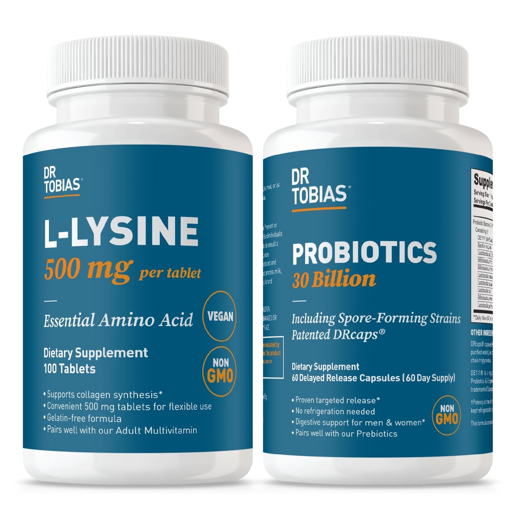 Dr. Tobias L‑Lysine 500 mg Tablets + Probiotics 30 Billion CFU (10 Strains) – Essential Amino Acid for Skin Health + Shelf‑Stable Daily Probiotic for Gut Flora & Digestive Wellness