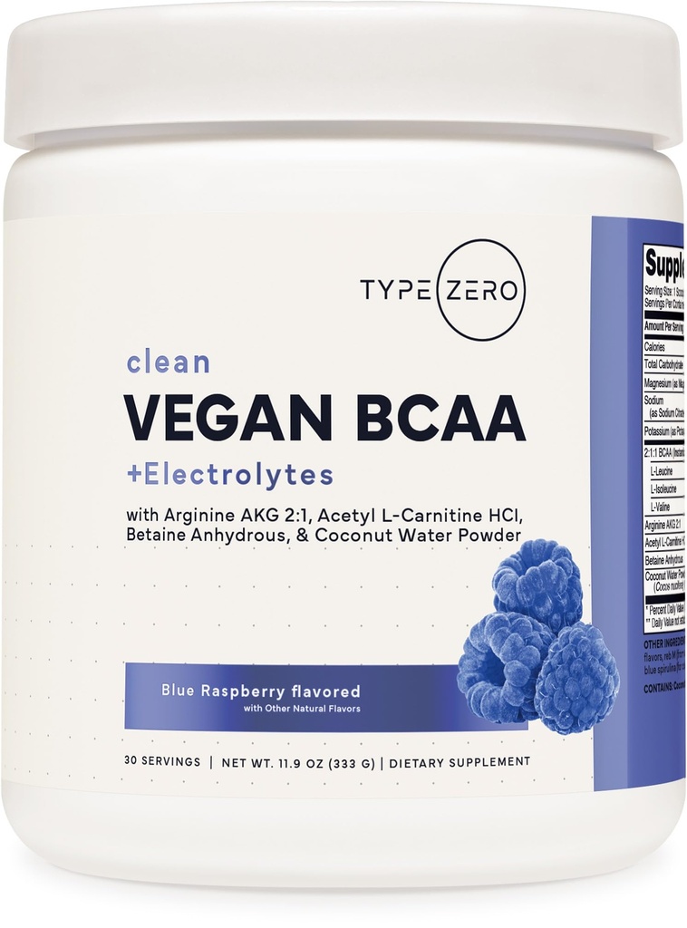 Type Zero Ultra Clean Vegan BCAA Powder + Electrolytes (Blue Raspberry | 6G) 2:1:1 Sugar-Free/No Sucralose BCAAs Amino Acids Supplement - BCAA Vegan Amino Acids After Workout Drink, 30 Servings
