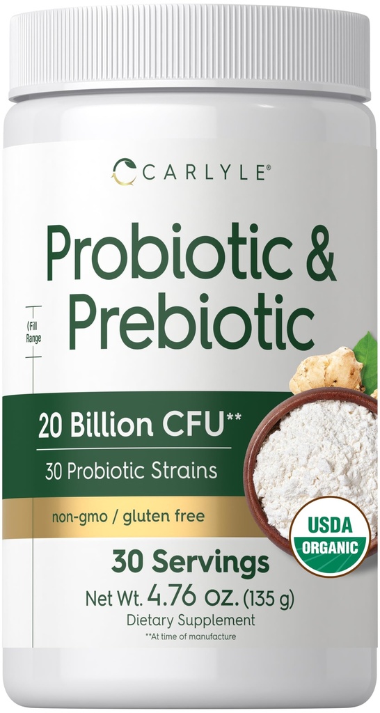 Carlyle Probiotic and Prebiotic Powder | 20 Billion CFU | 4.76 oz | Organic Fiber Blend | for Women and Men | Vegetarian, Non-GMO, Gluten Free Supplement
