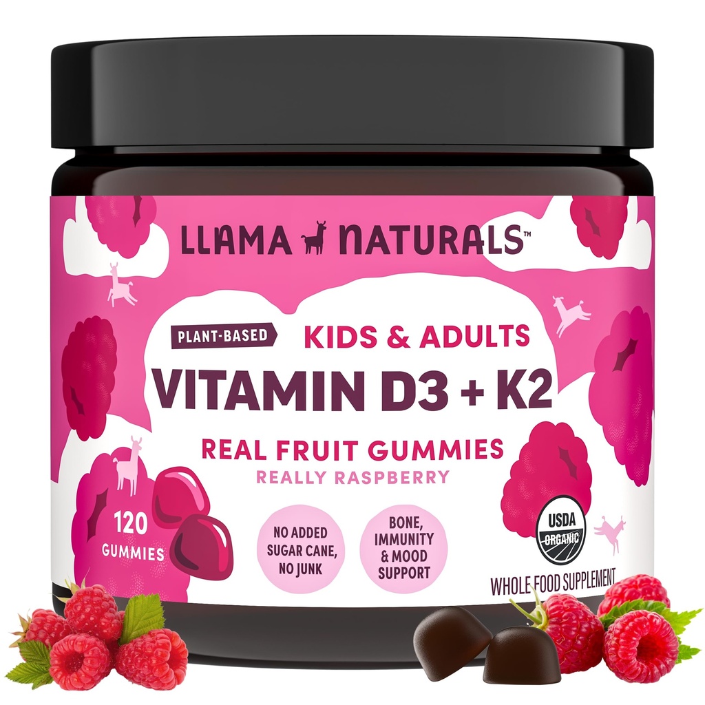 Llama Naturals Βιταμίνη D3, Vegan, συμπλήρωμα οργανικής ανοσοποιητικής υποστήριξης, Βιταμίνη D Gummies για ενήλικες και παιδιά, πραγματικό χυμό φρούτων, προάγει την υγεία των οστών, χωρίς προσθήκη ζάχαρης ζαχαροκάλαμου, σμέουρων, 120 Ct