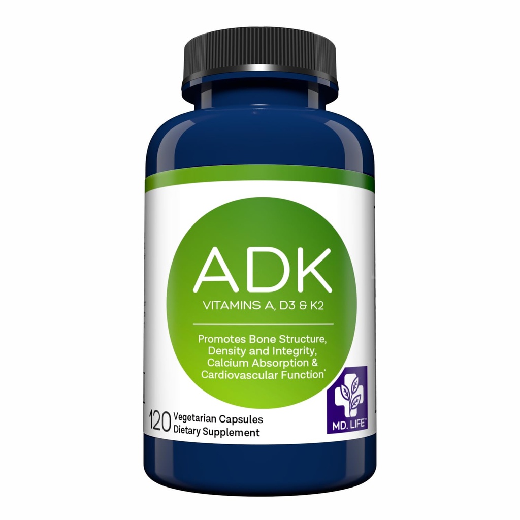Συμπλήρωμα βιταμίνης MD.LIFE ADK – Βιταμίνη D3 K2 και A Complex – 120 κάψουλες – Υψηλής ισχύος βιταμίνη ADK για την υποστήριξη της υγείας των οστών και της καρδιάς