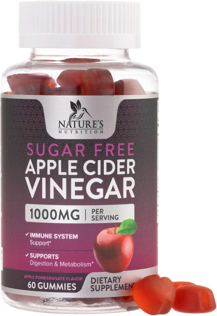 Μηλίτης μηλίτη για την απώλεια βάρους 1000mg - Vegan Apple Ξίδι για Detox & Cleanse, χάπια συμπλήρωμα ACV, βιταμίνη B12, χωρίς ζάχαρη ACV Gummy, μη-GMO, Διατροφή της φύσης - 60 Gummies