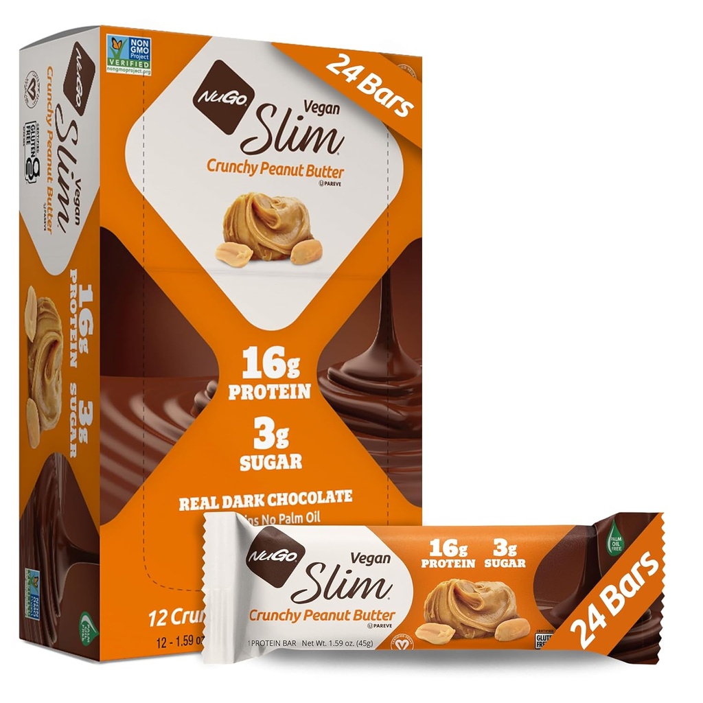 Nugo Slim Dark Chocolate Crunchy Peanut Butter, 16g Vegan Protein, 3g Sugar, 7g Fiber, Low Net Carb, Keto Friendly, Gluten Free, 24 Count